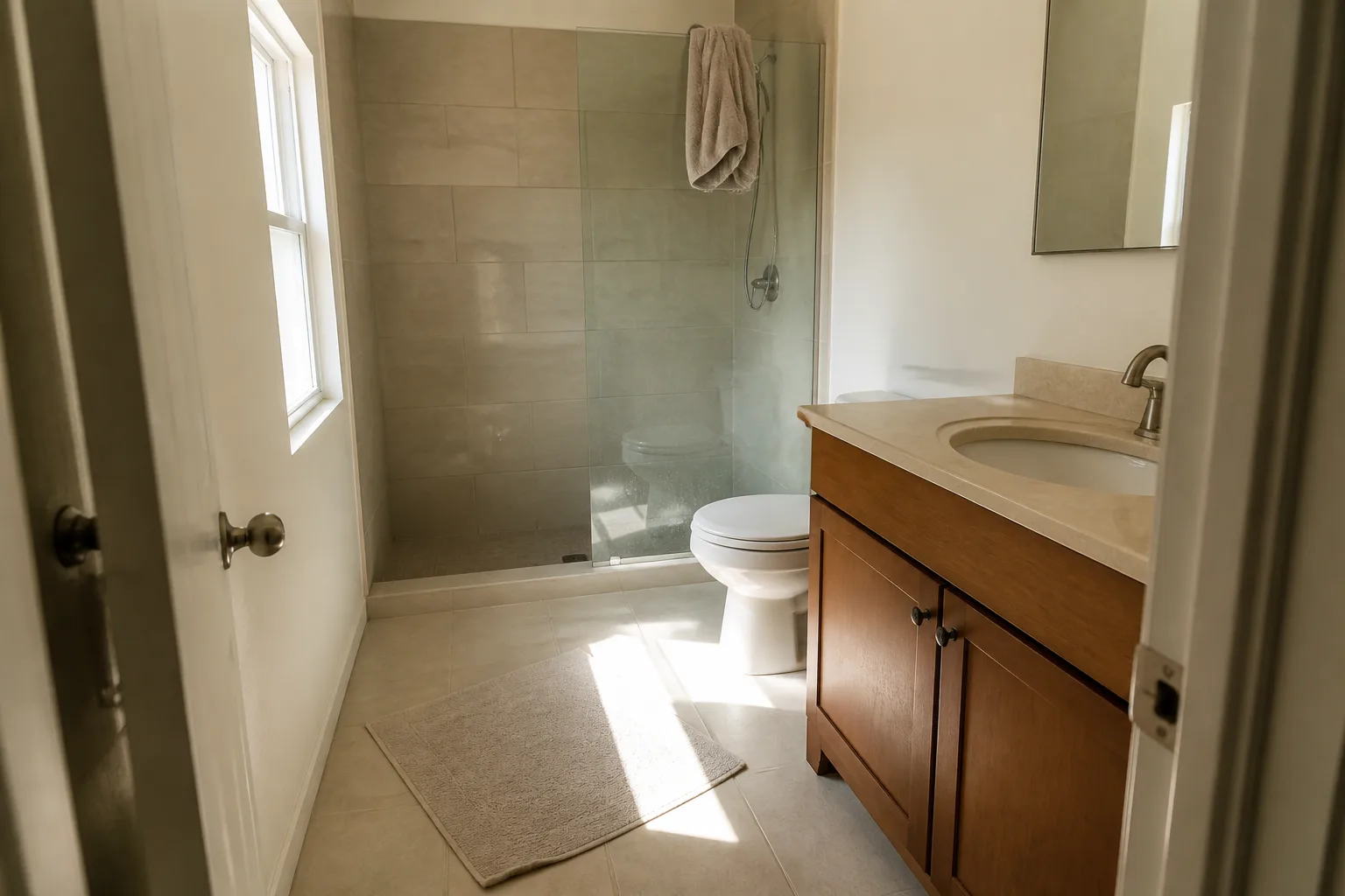 A finished bathroom in a California home seen from the doorway: a wood vanity with a stone top, a walk-in shower behind a single glass panel, tiled floor, one window throwing hard afternoon light across the tile