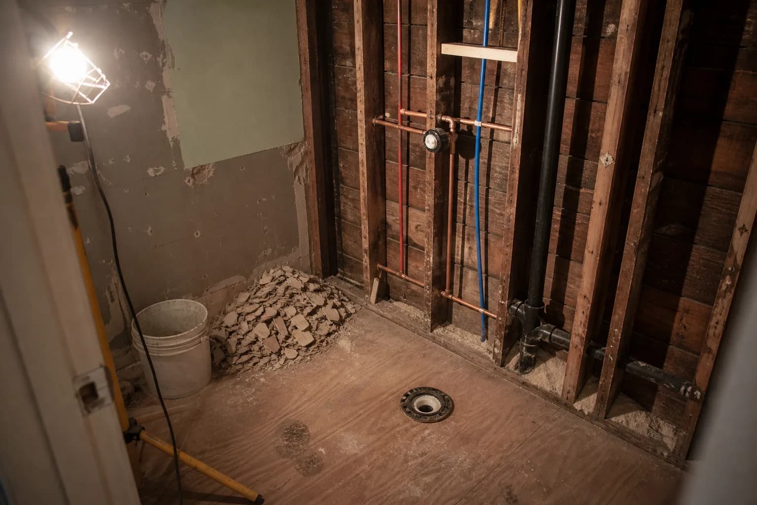 A bathroom mid-renovation with one wall opened to the studs, new supply lines and a drain visible between them, a shower valve roughed in and capped, bare plywood subfloor and a bucket of broken tile in the corner