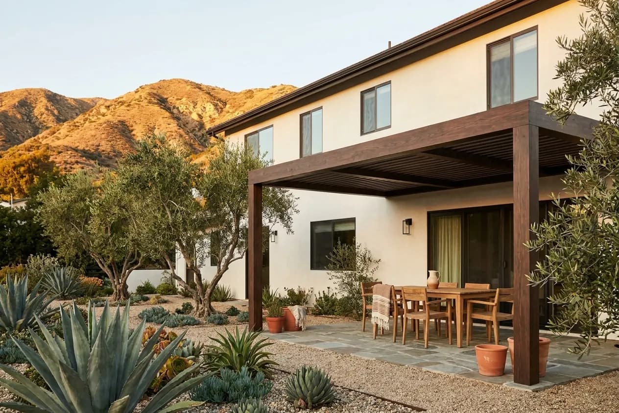 A renovated stucco house in Corona with a new patio cover and a dry garden below the Santa Ana foothills