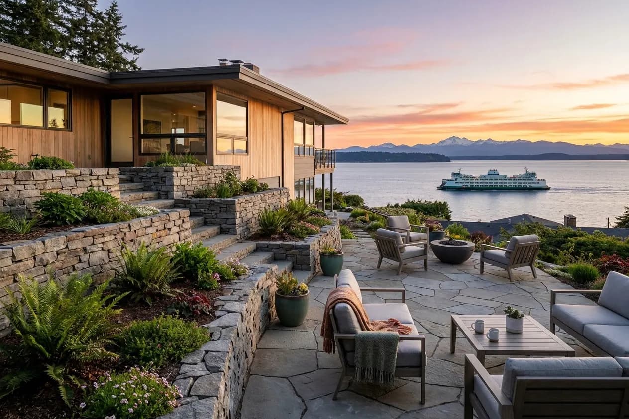 A stone-terraced back patio in Edmonds above Puget Sound, a ferry crossing toward the Olympics at sunset