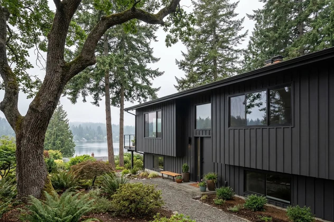 A renovated mid-century split-level in Lakewood with charcoal siding under Douglas firs and a Garry oak