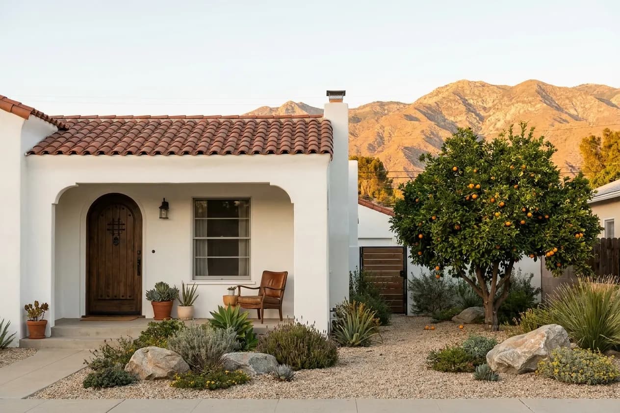 A restored Spanish Revival bungalow in Riverside with a red tile roof and an orange tree
