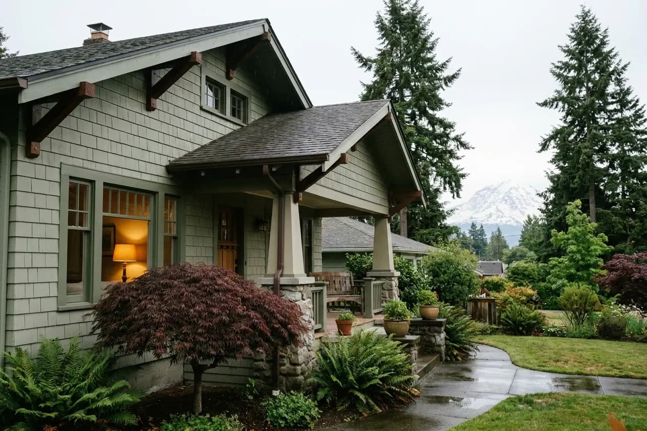 A restored Craftsman house in Tacoma's North End with cedar shingle siding and Mount Rainier beyond the firs