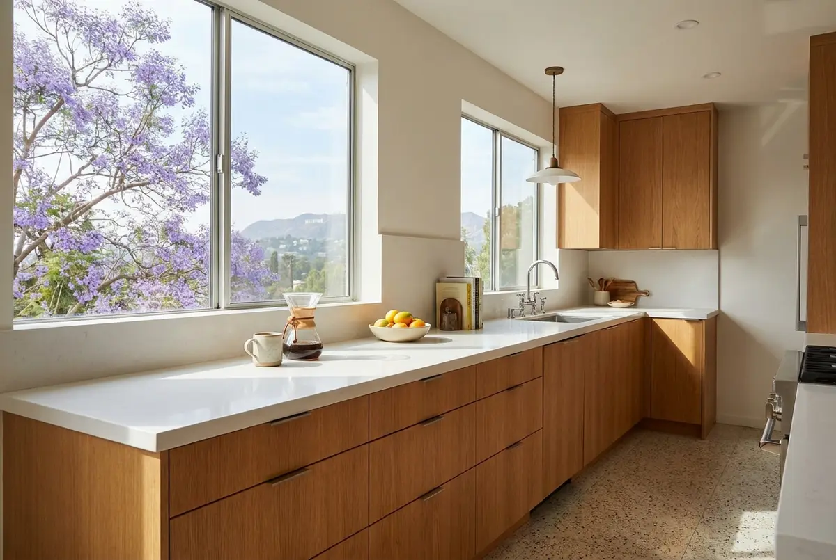A freshly renovated condo kitchen in a mid-century West Hollywood apartment building