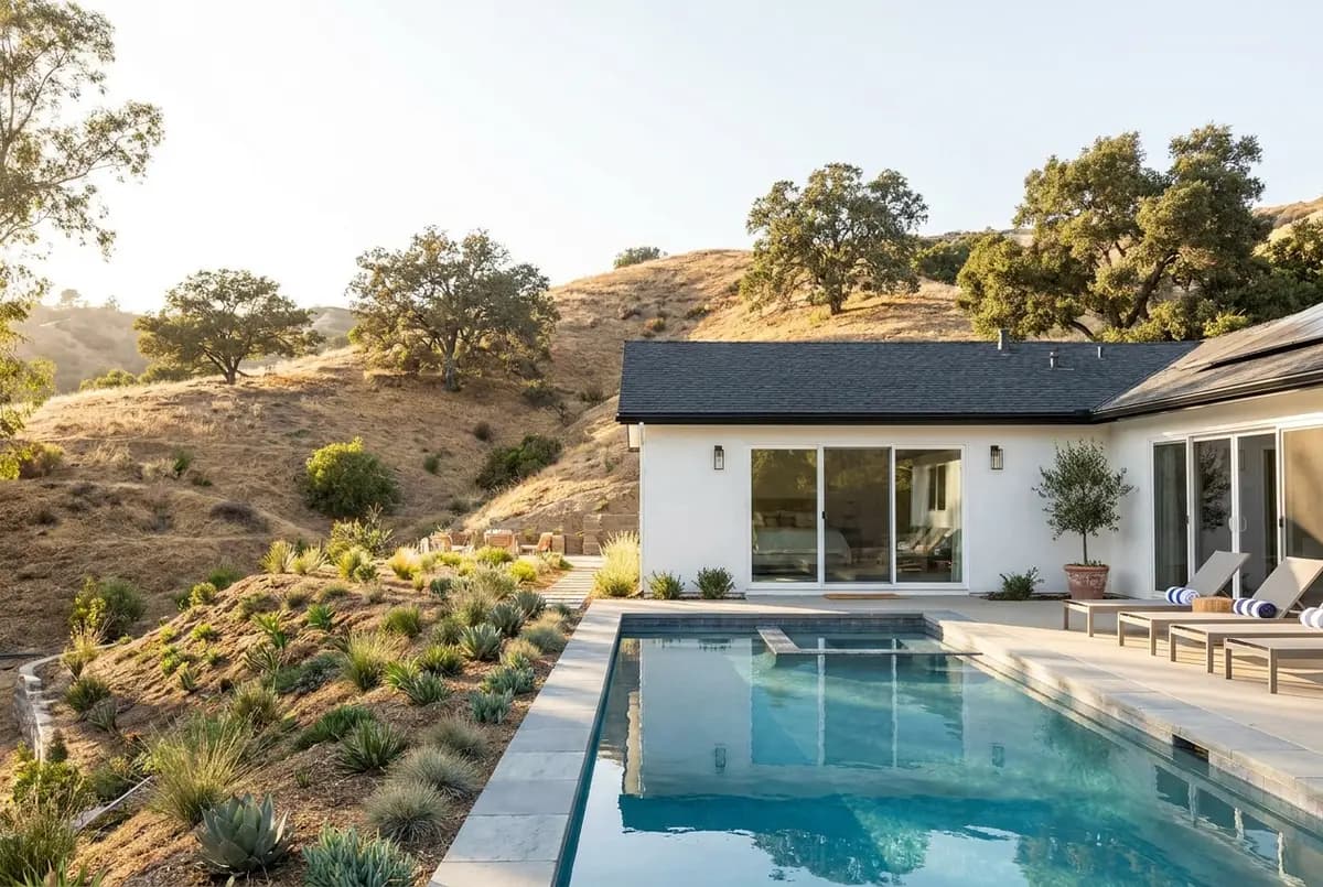 A 1960s ranch house in Woodland Hills, Los Angeles with a new backyard pool
