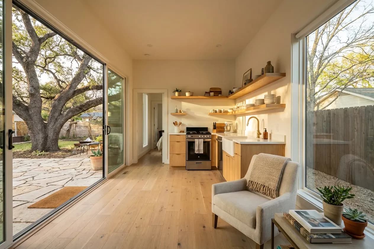 Inside a bright backyard cottage in Austin, glass doors open to a live oak and limestone patio