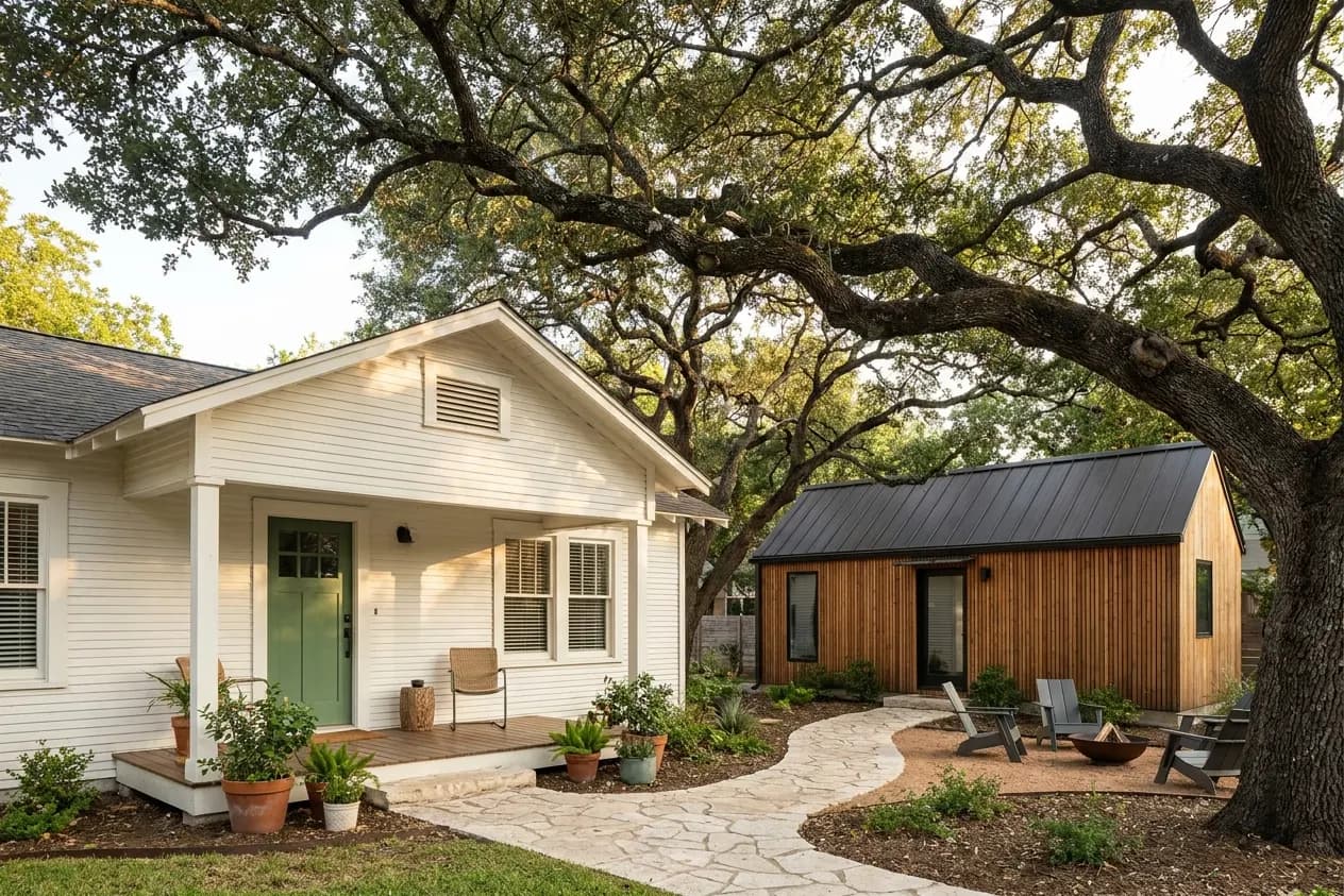 A new backyard cottage behind a restored 1940s bungalow in central Austin, under a large live oak