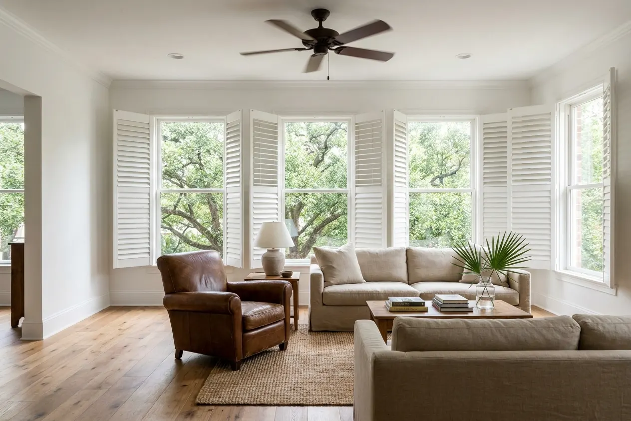 A renovated Houston living room with plantation shutters open to live oaks