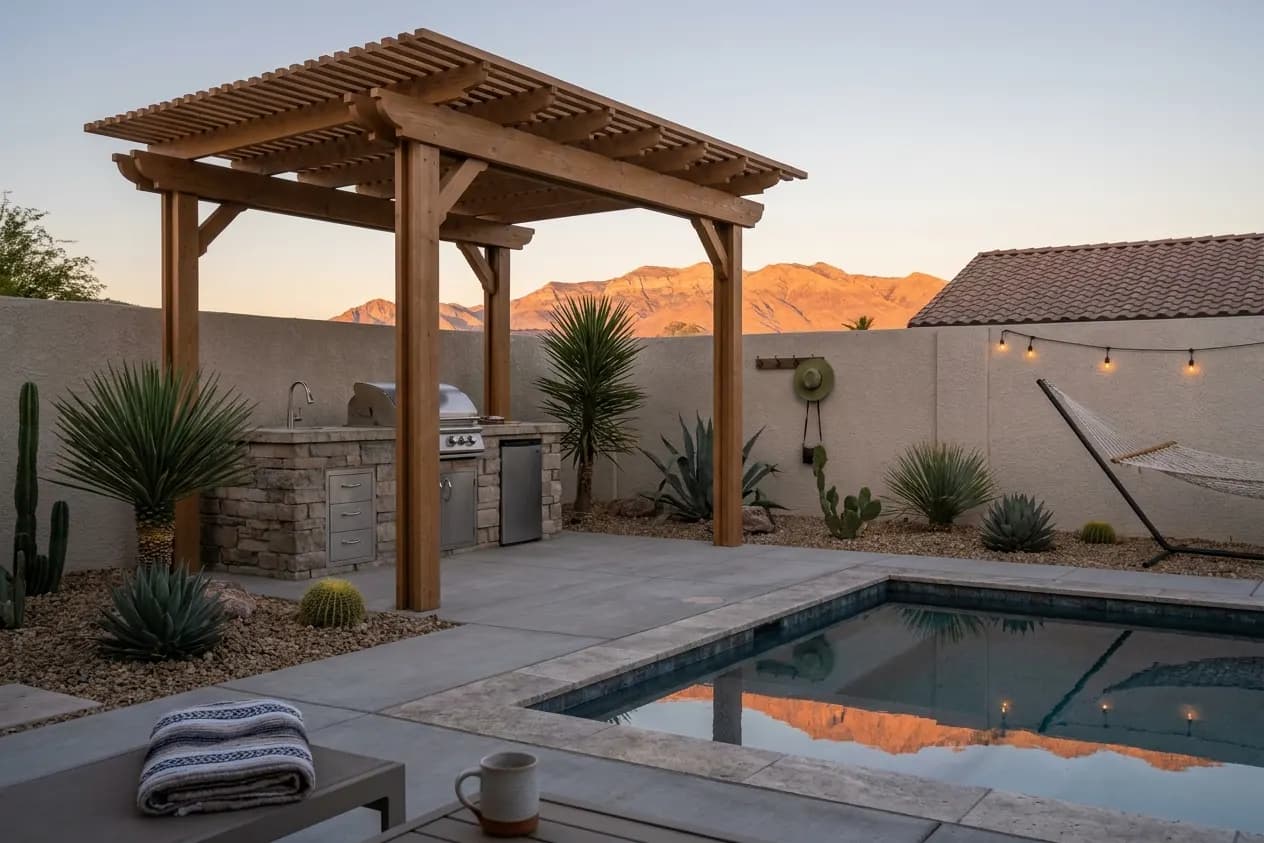 A Las Vegas backyard with a shaded pergola, outdoor kitchen and small pool at dusk