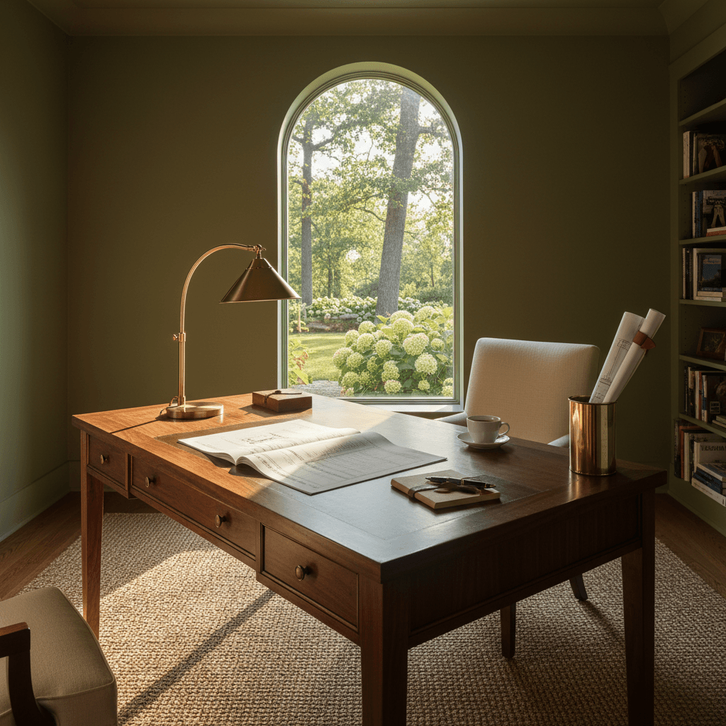 Contractor bid document on designer desk with brass lamp