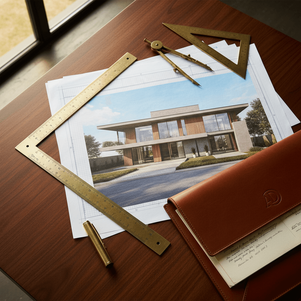 Architectural blueprint and permit document on designer desk
