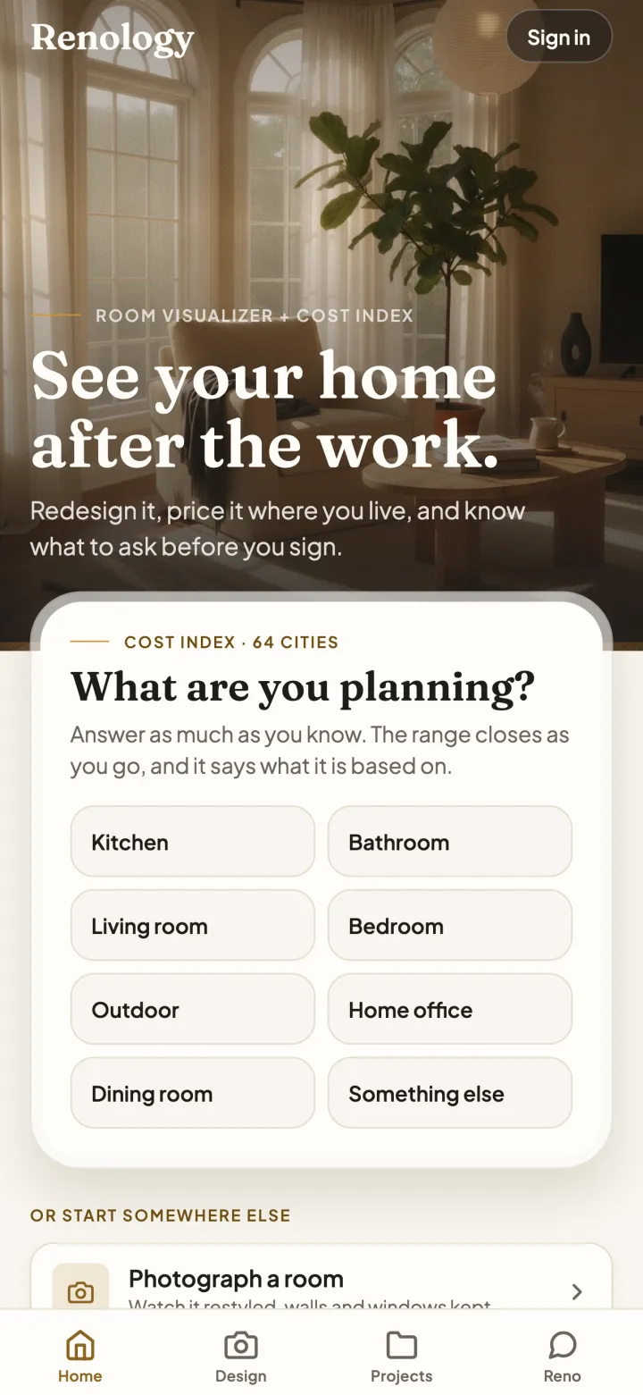Renology Home start screen: a kitchen photo with the line See your home after the work, and a question asking what you are planning, with room choices