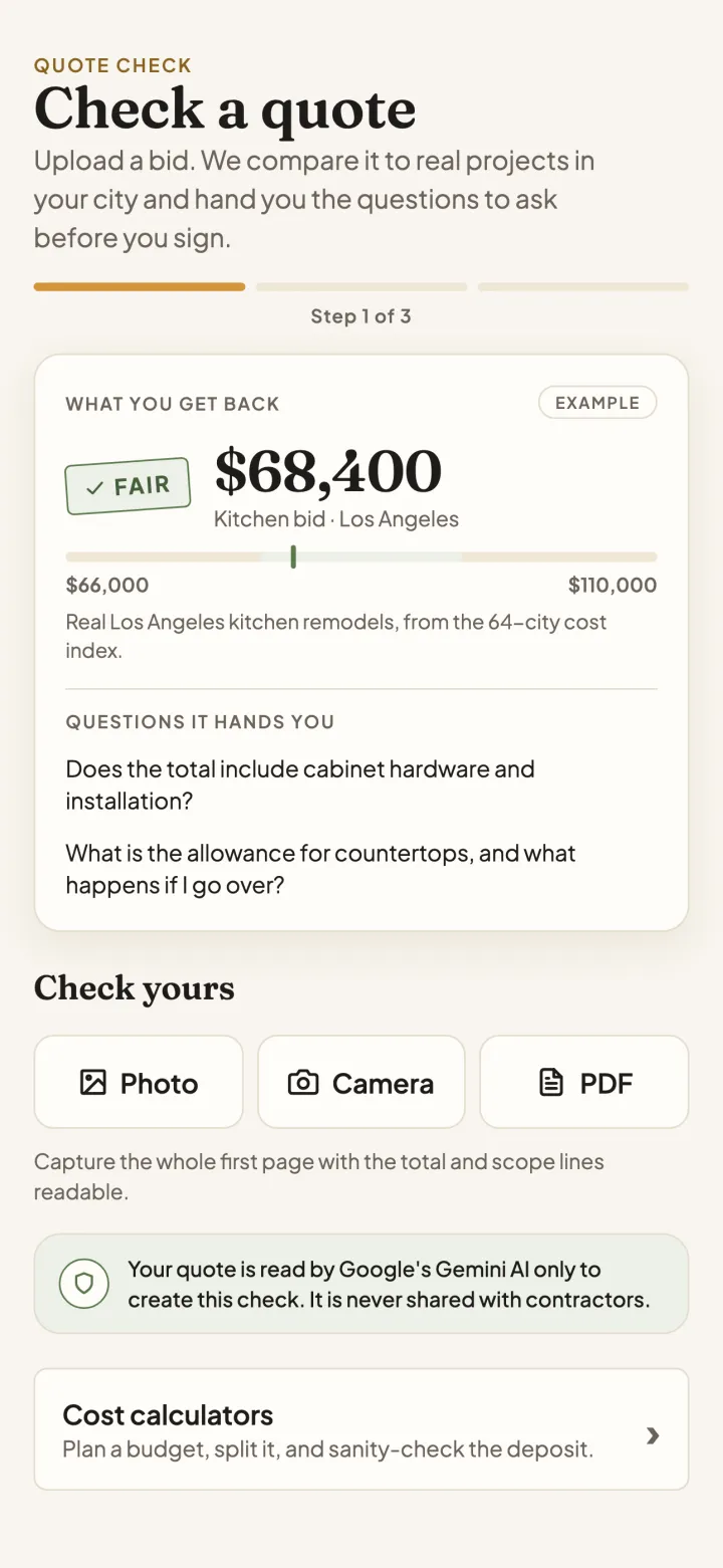 Renology Home quote check screen with an example Los Angeles kitchen bid of $68,400 marked fair, and the questions it suggests asking the contractor