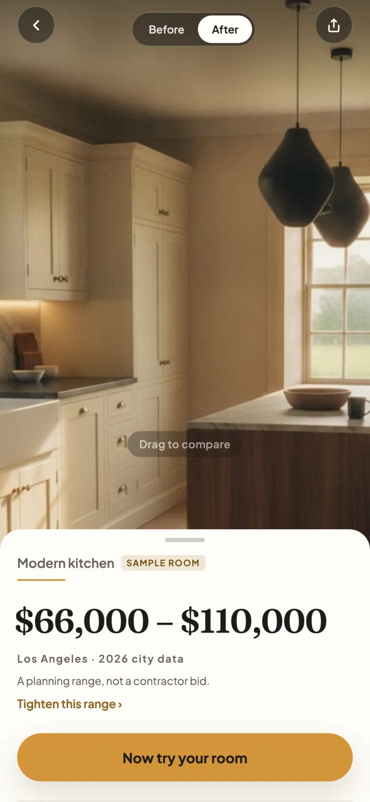 Renology Home before and after view of a kitchen redesigned in a modern style, with a Los Angeles cost range of $66,000 to $110,000 below it