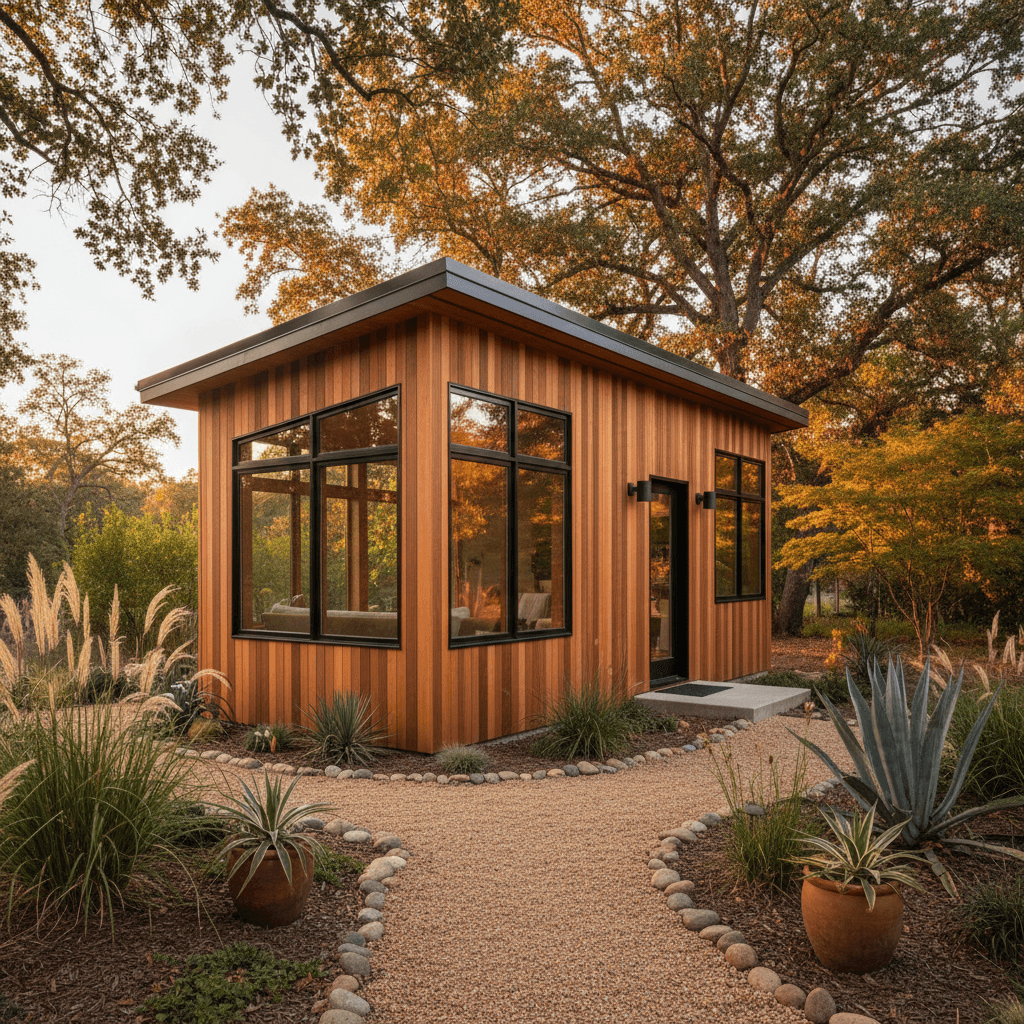 Modern detached ADU backyard cottage with cedar siding