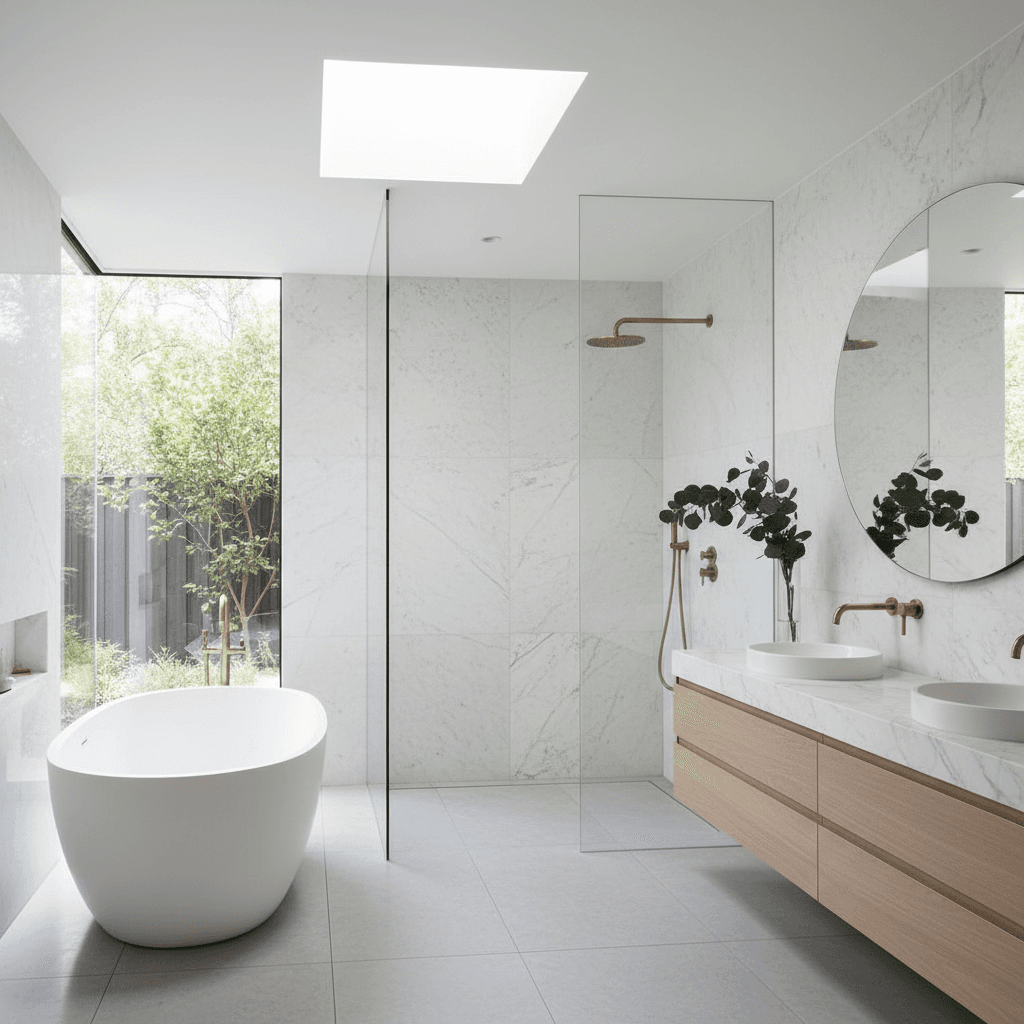 Modern spa-like bathroom with freestanding tub