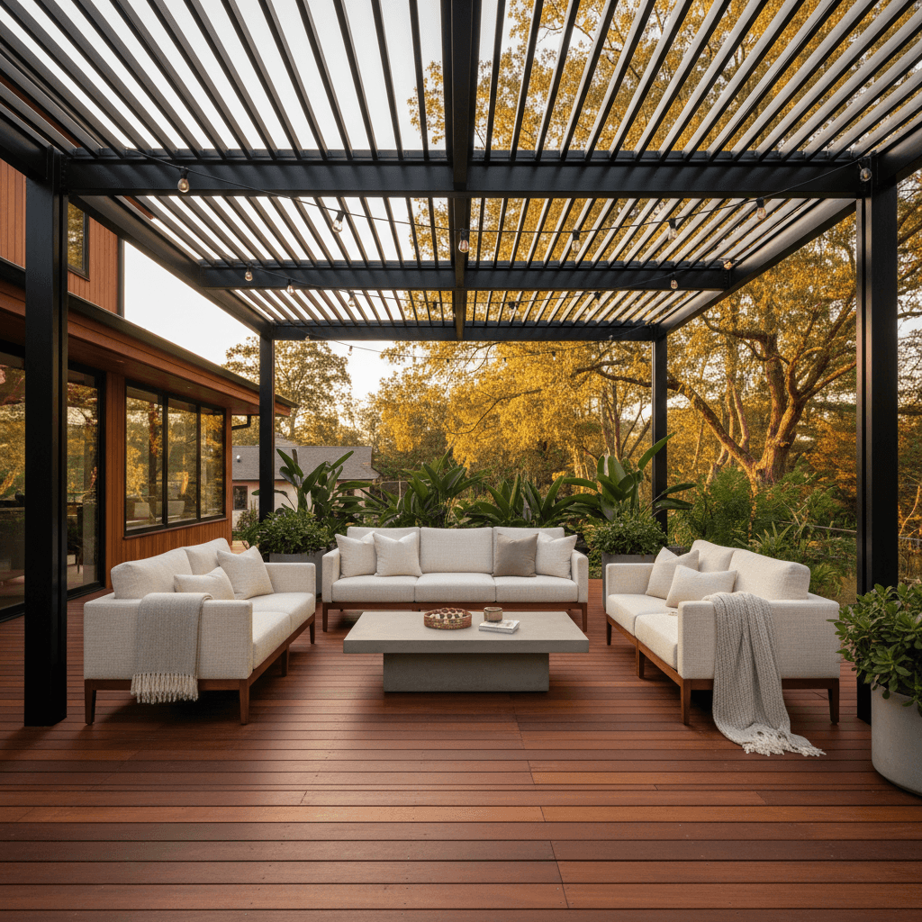 Modern wood deck with louvered black pergola overhead and outdoor furniture