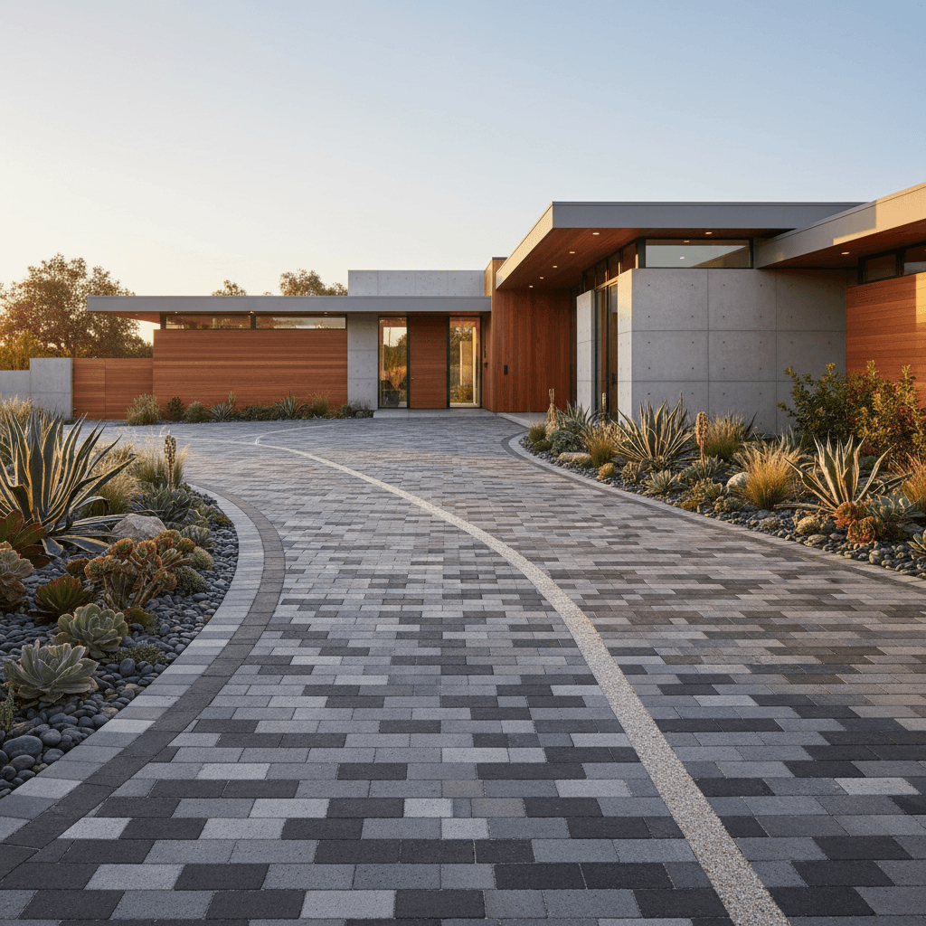 Modern paver driveway with manicured landscaping borders