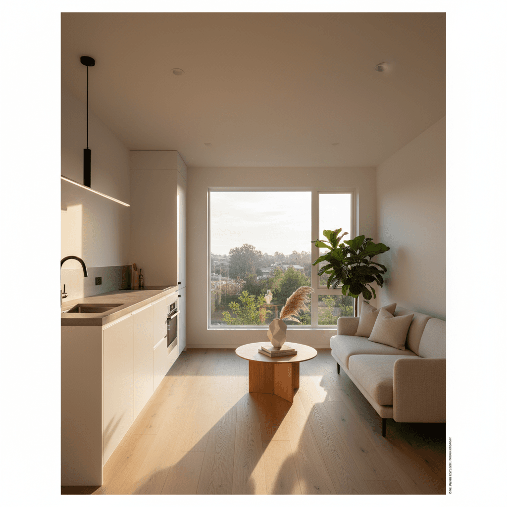 Beautifully designed ADU studio interior with kitchenette and large picture windows