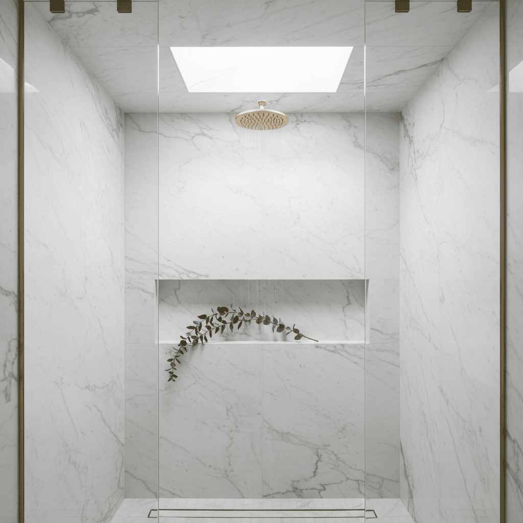 Luxury frameless walk-in shower with Calacatta marble walls