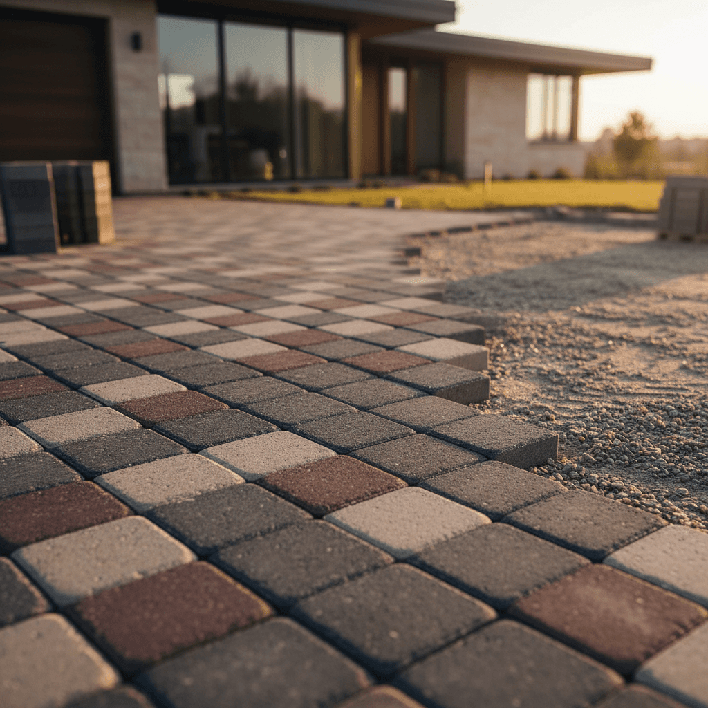 Interlocking pavers being installed in a geometric pattern over a compacted gravel base