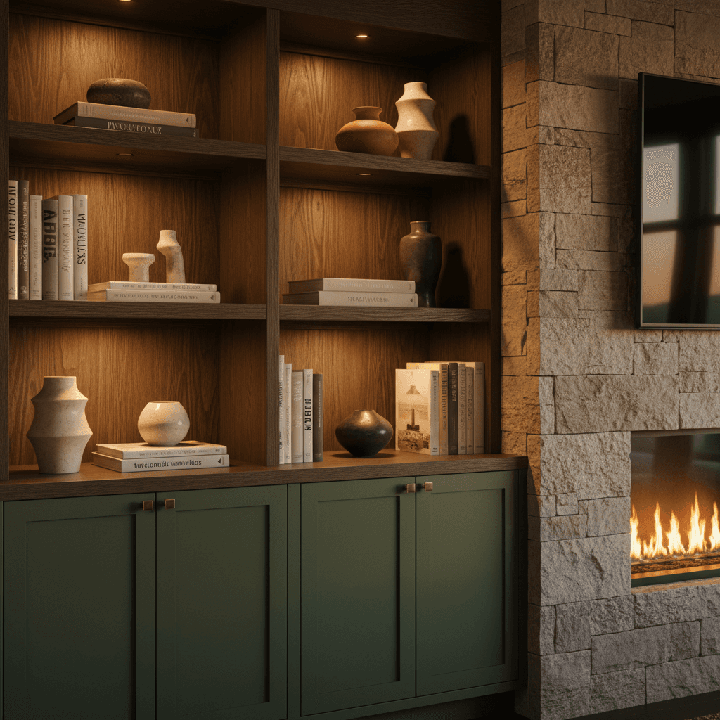 Custom built-in shelving detail next to a linear gas fireplace