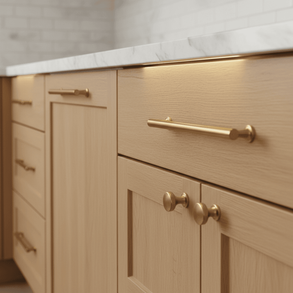 Premium custom kitchen cabinetry close-up showing brushed brass hardware on light oak shaker doors