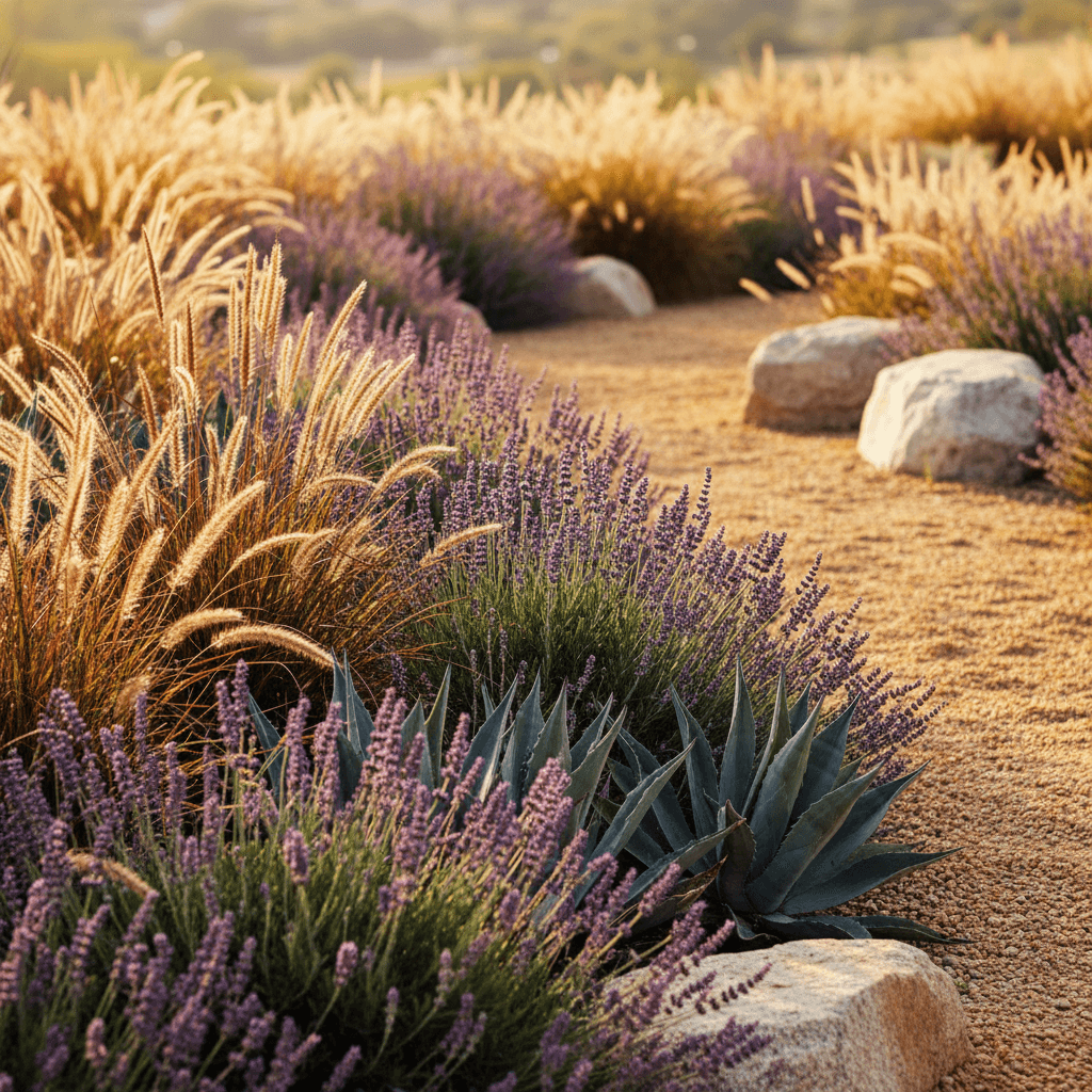 Drought-tolerant garden with lavender, agave, and decomposed granite path