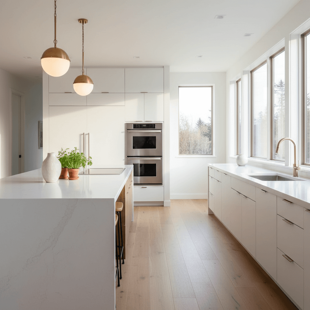 Modern luxury kitchen with quartz waterfall island and brass pendants