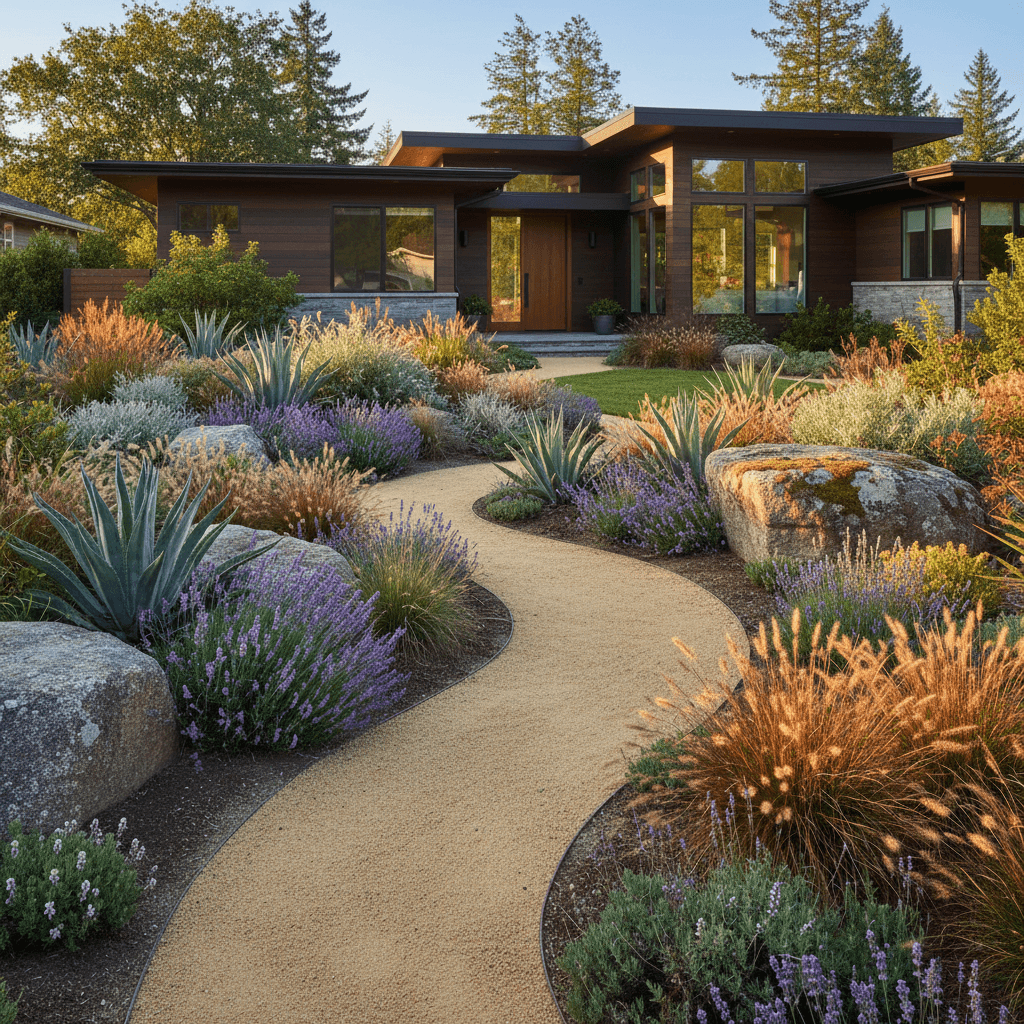 Beautifully designed front yard landscape with native plants and boulders
