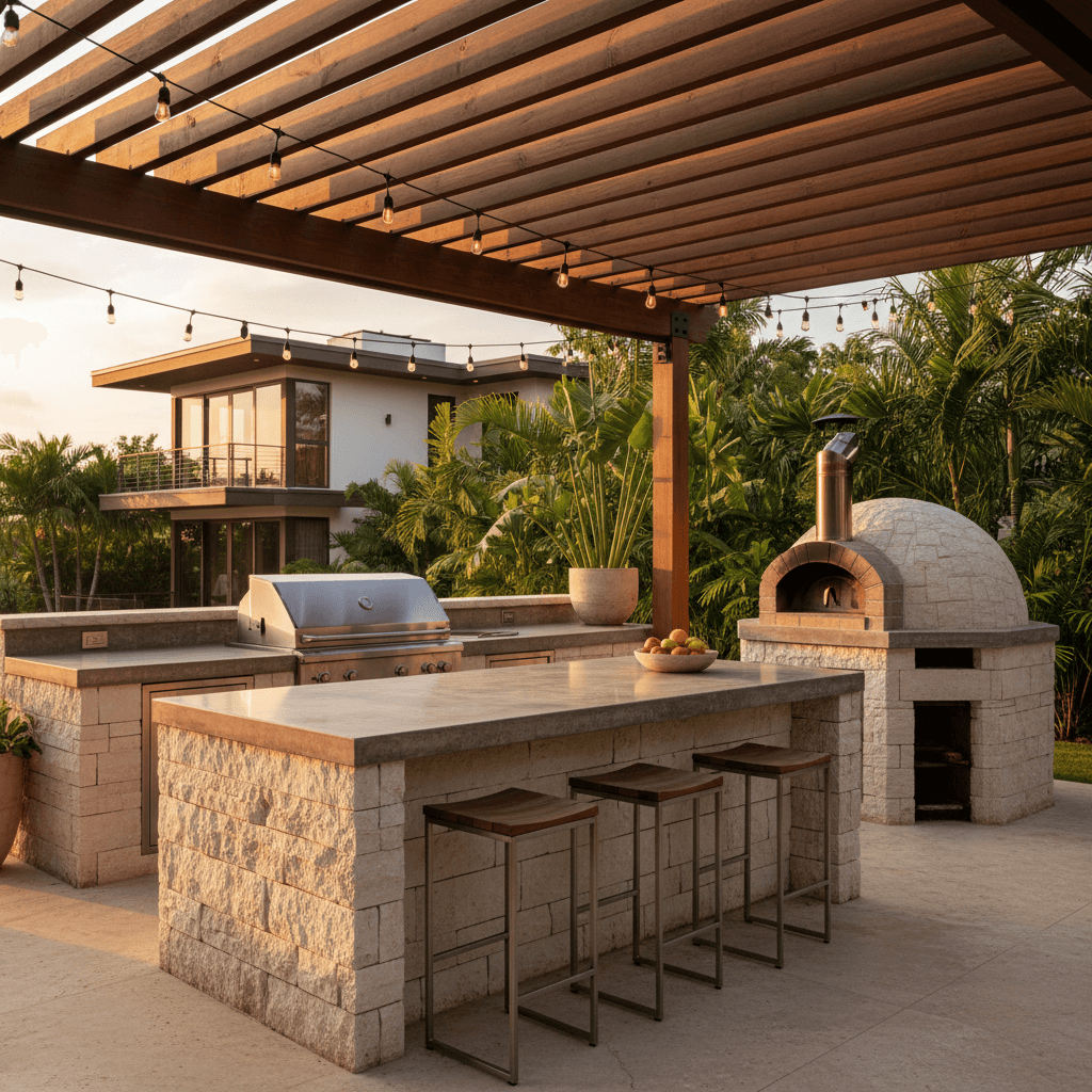 Luxury outdoor kitchen with stone island, pizza oven, and string lights