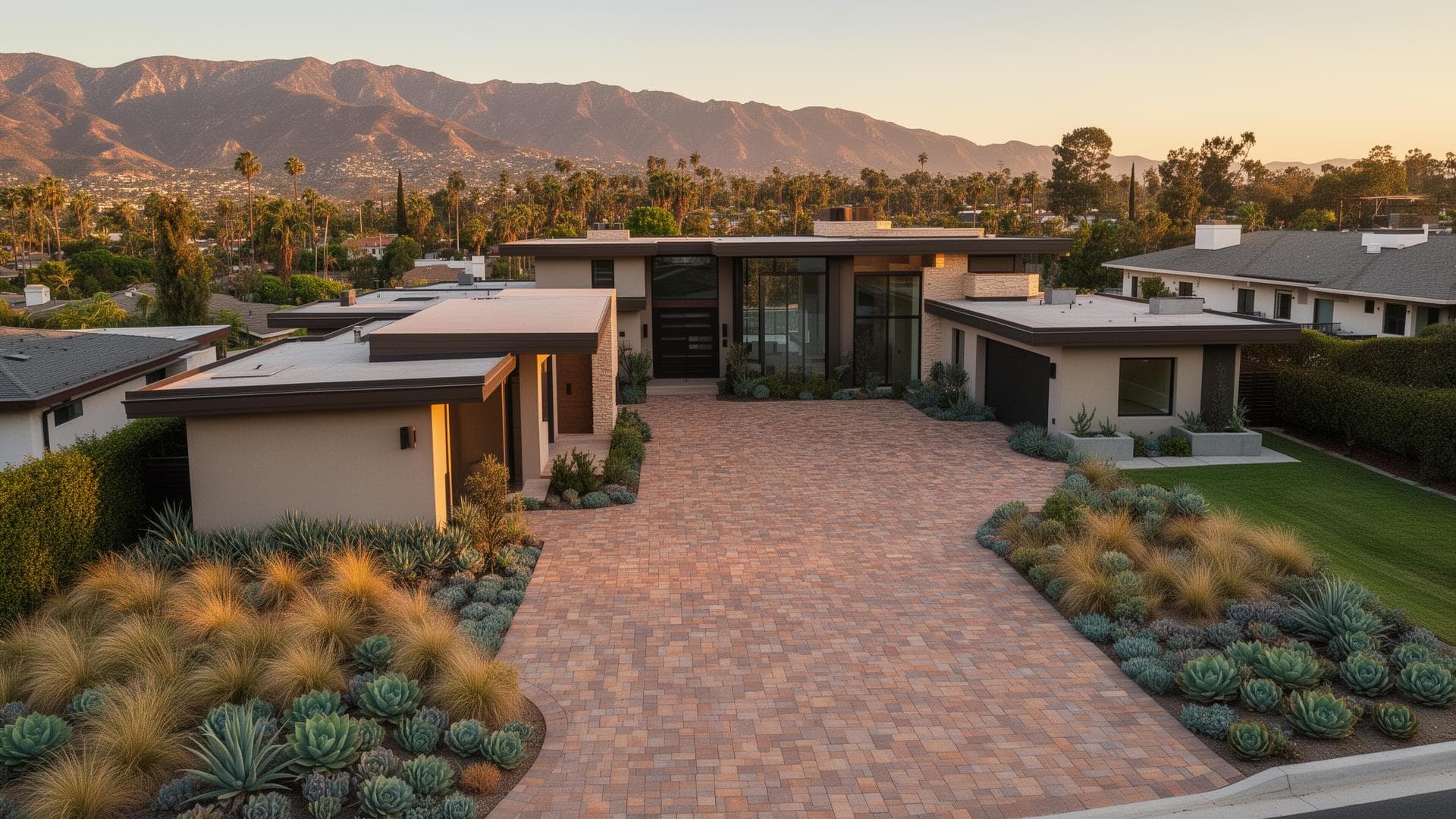 Modern Los Angeles home with interlocking paver driveway and drought-tolerant landscaping