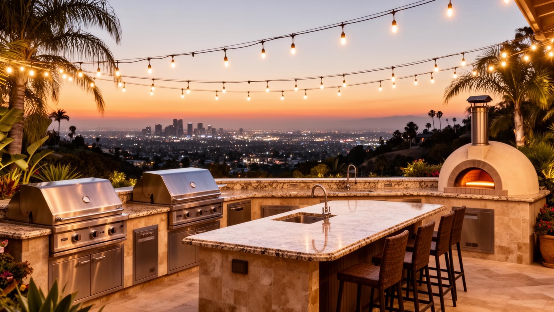 Luxurious outdoor kitchen overlooking the Los Angeles basin at sunset