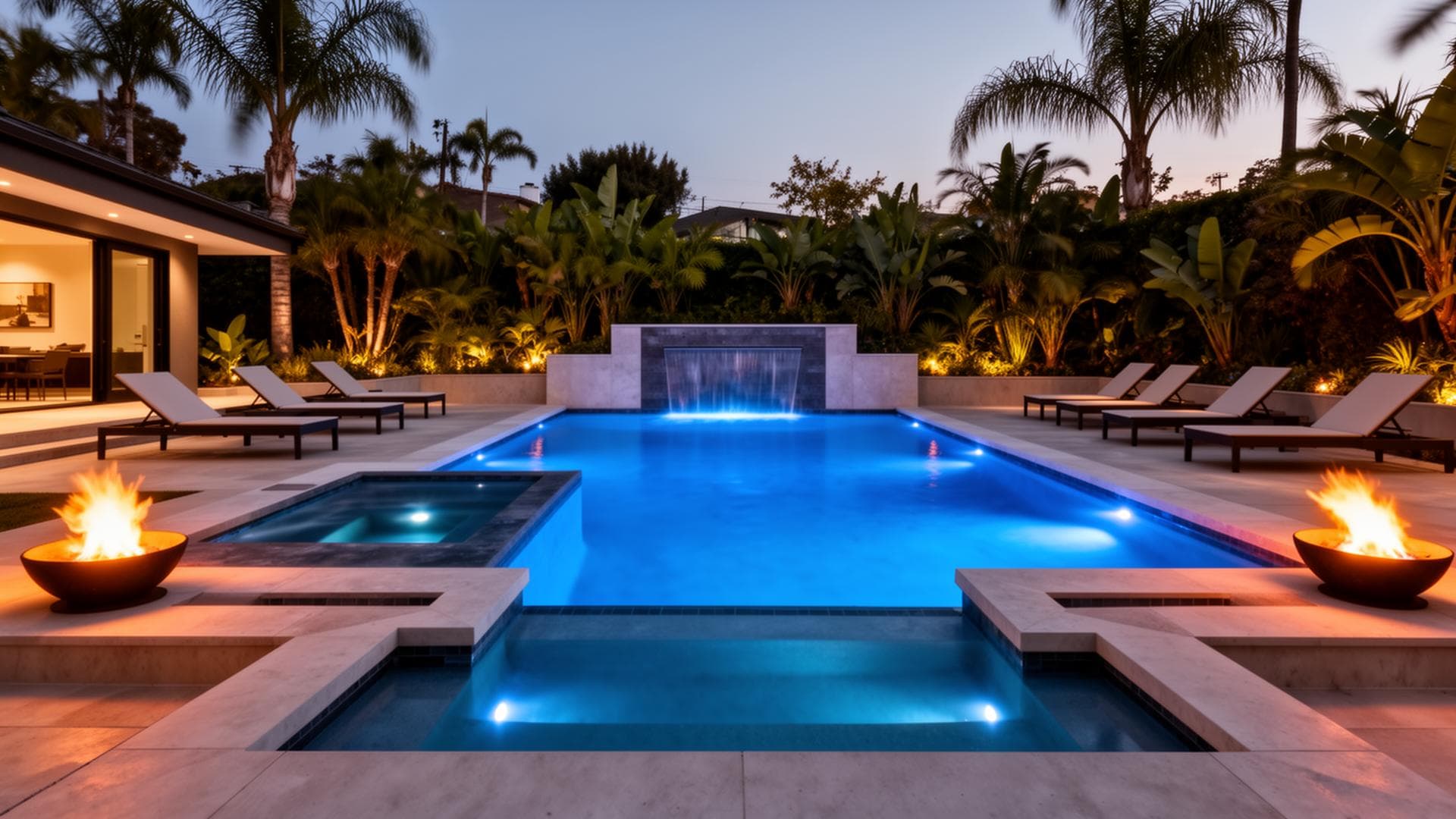Resort-style swimming pool in a Los Angeles backyard at twilight
