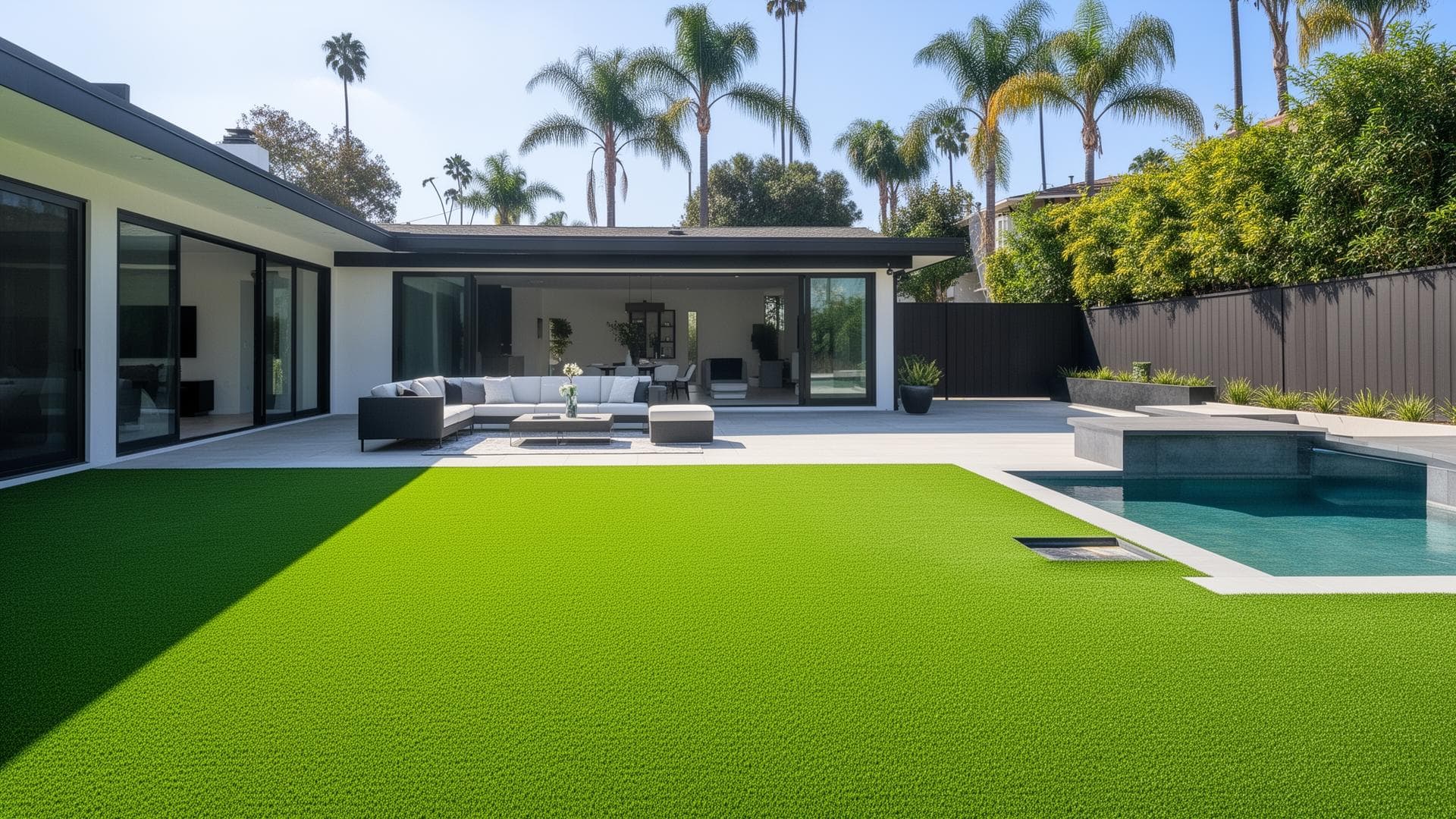 Modern Los Angeles backyard with artificial turf, patio, and plunge pool