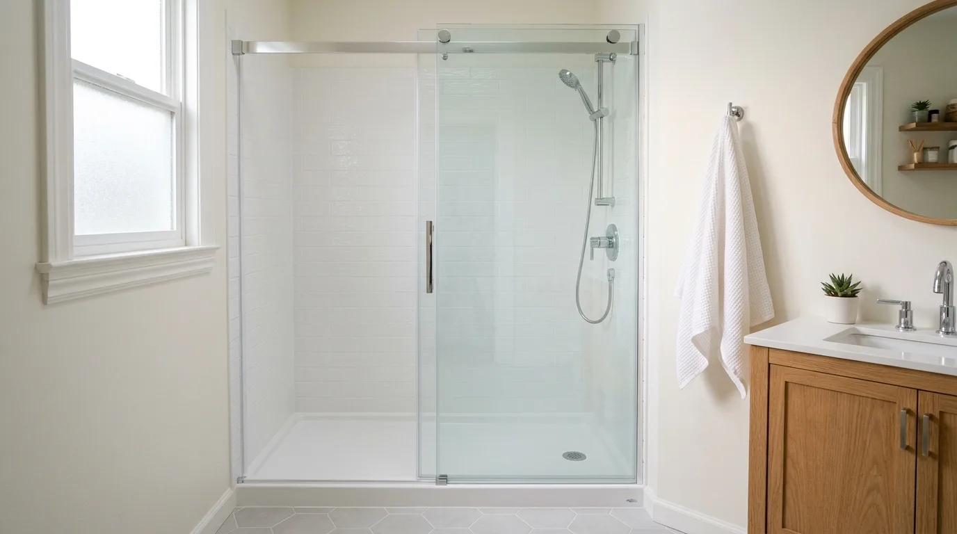 Illustration of a bright bathroom with a new white acrylic shower surround, a low shower base and a glass sliding door where a bathtub used to be