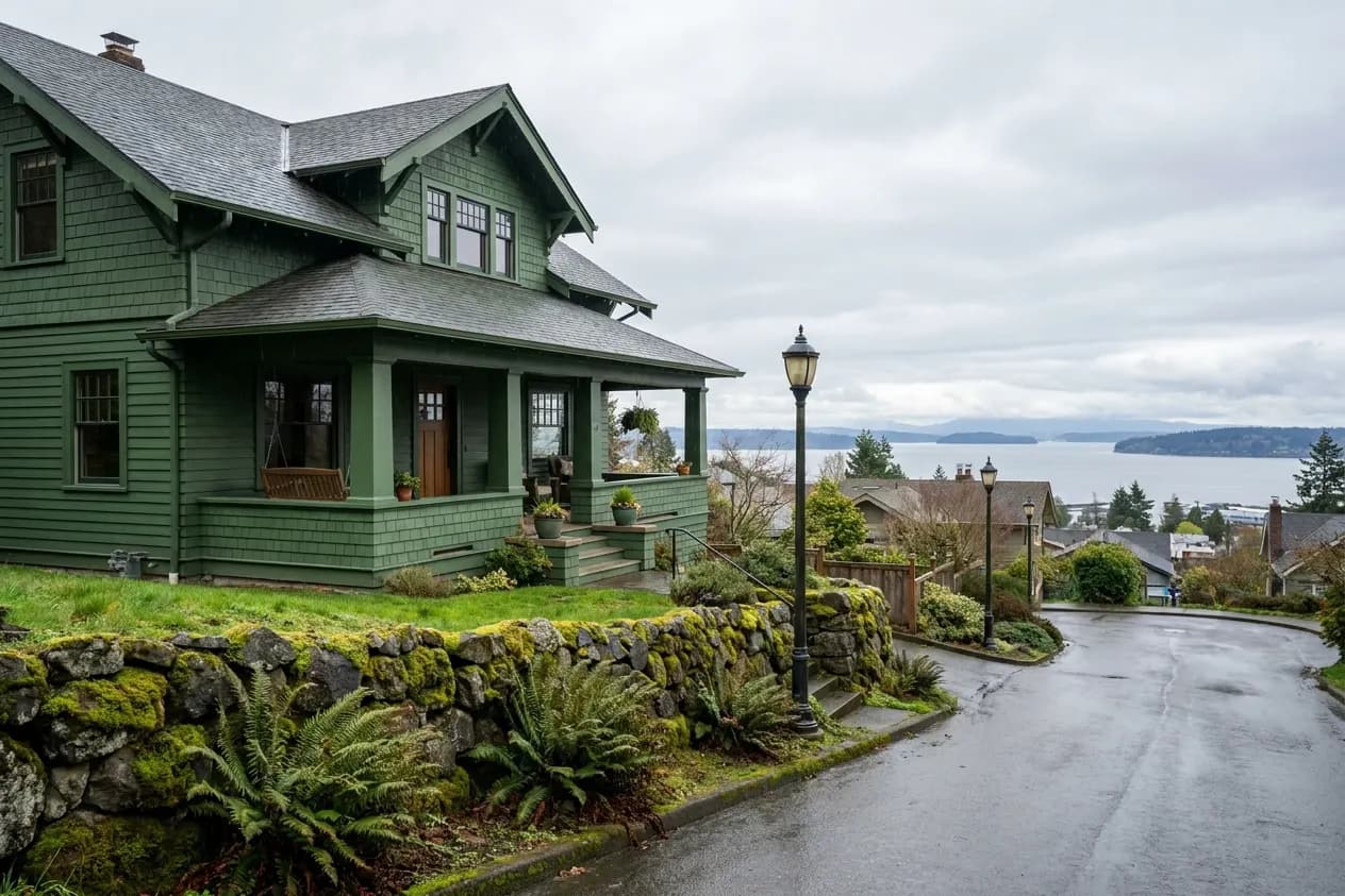 A restored green hillside house in Bellingham above a mossy stone wall and Bellingham Bay