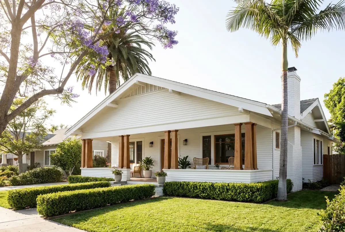 A restored 1920s Craftsman bungalow on a tree-lined Coronado street