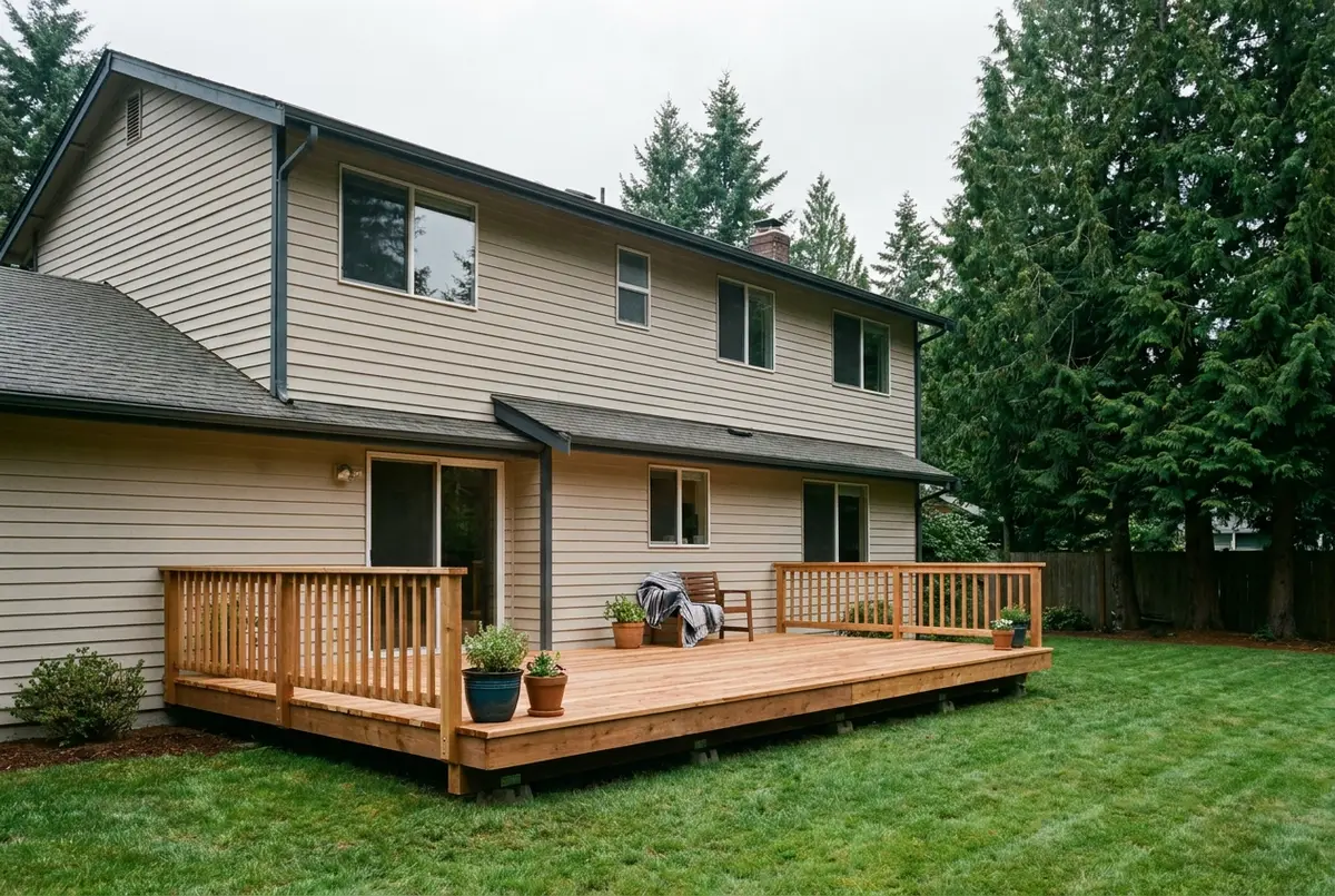 A 1990s family house in Covington, Washington with a new low backyard deck