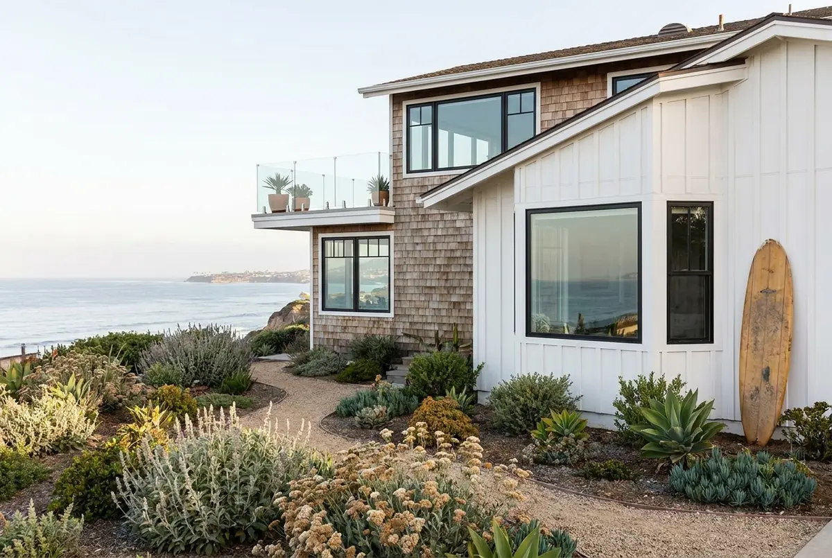 A renovated 1970s Encinitas beach house on a coastal bluff street
