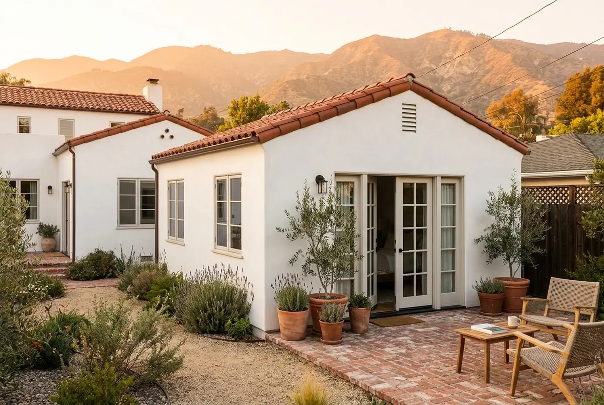 A newly built detached ADU in the backyard of a 1920s Glendale house