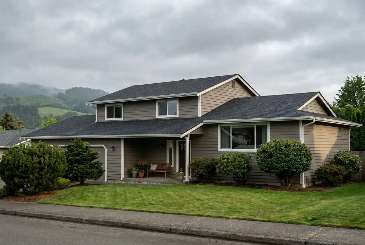 A 1980s split-level house in Kent, Washington after a reroof and new siding
