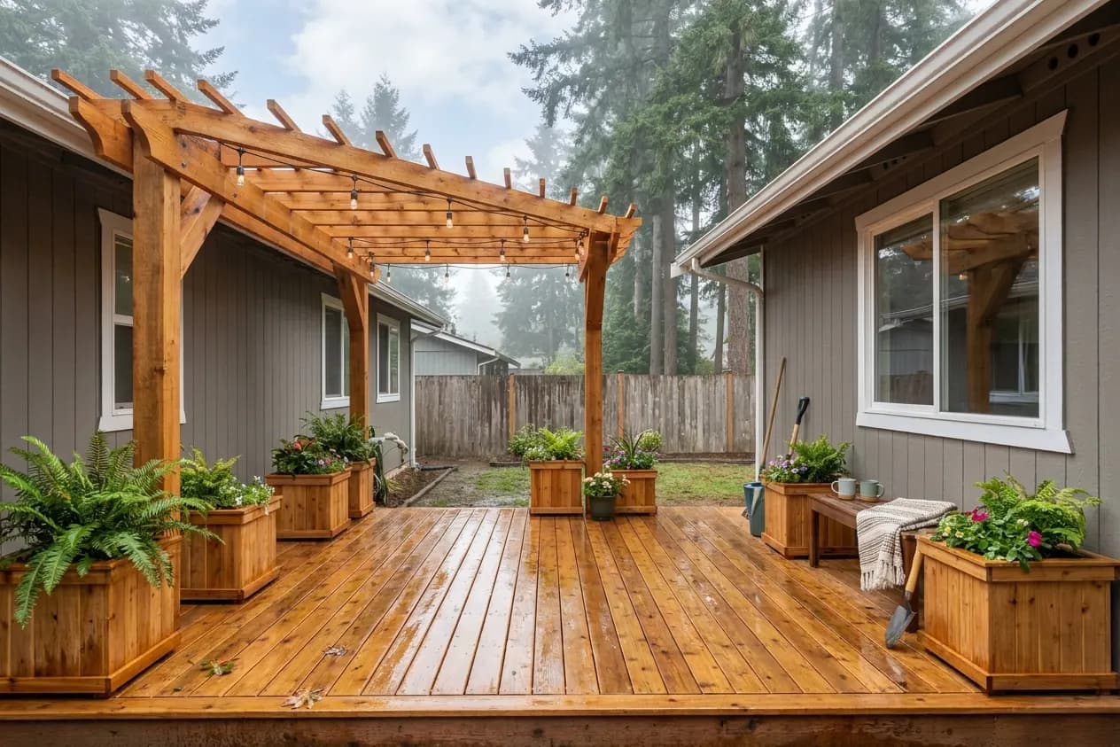 A new cedar deck and pergola behind a renovated house in Lacey, framed by Douglas firs