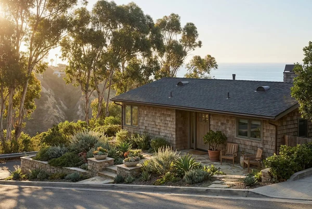 A renovated 1950s cottage on a hillside street in Laguna Beach
