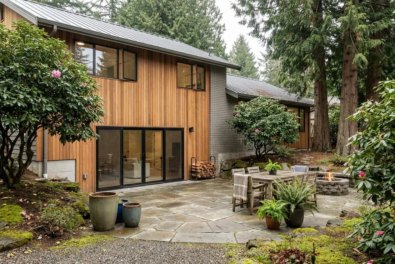 A renovated split-level in Lynnwood with new glass doors opening the daylight basement onto a stone patio