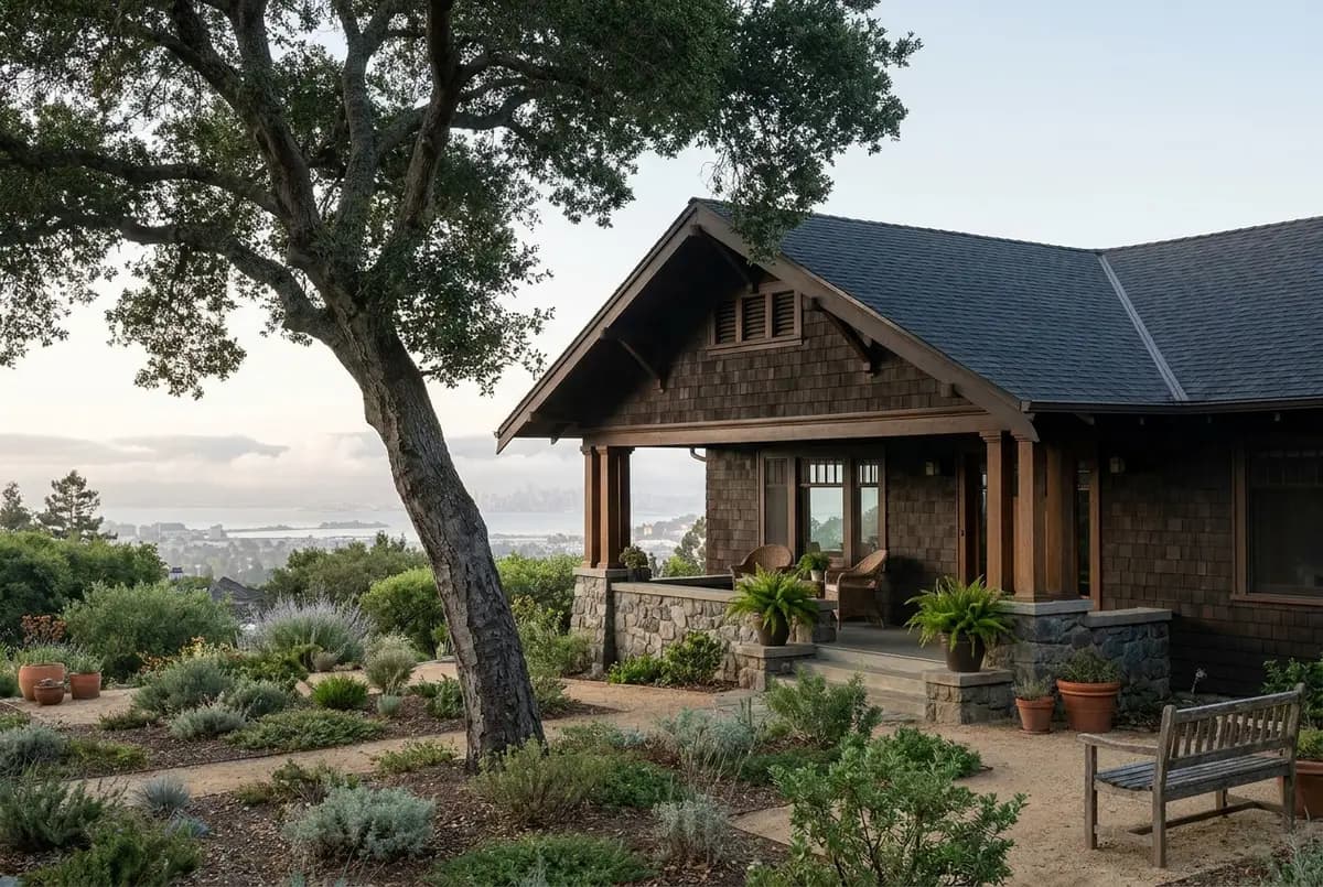 A restored 1910s brown-shingle Craftsman house in the Oakland hills