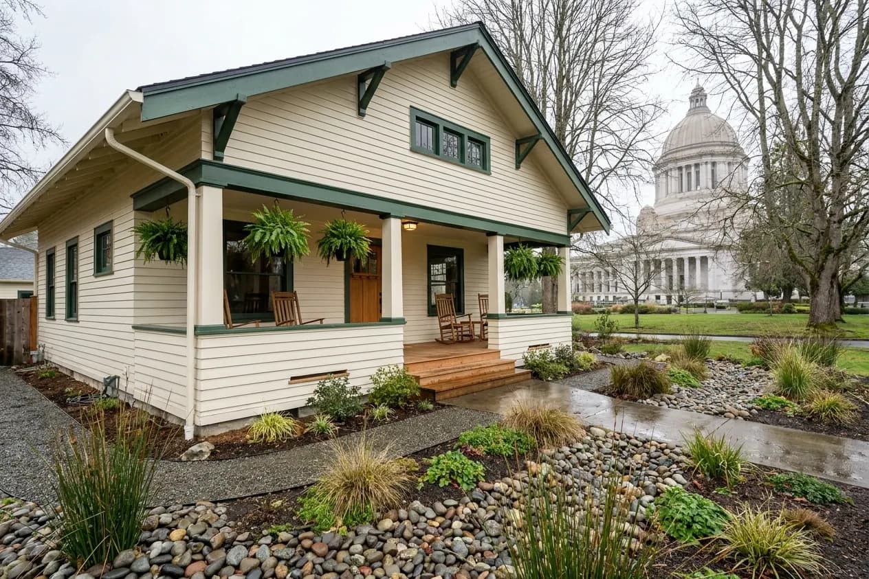 A restored 1920s porch house in Olympia with a rain garden, the Capitol dome above the trees