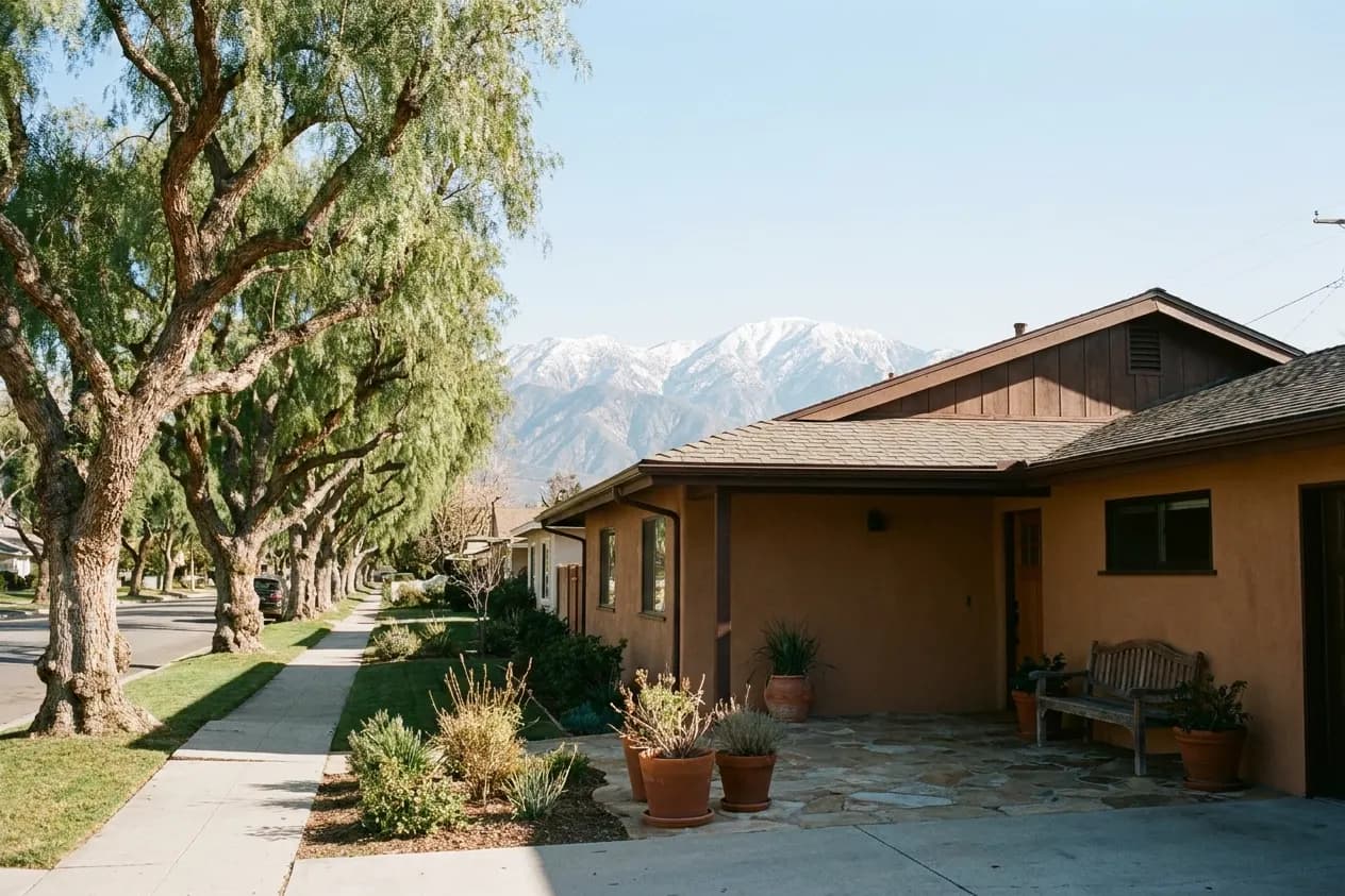 A renovated 1950s ranch house in Ontario under old pepper trees, the San Gabriel Mountains behind