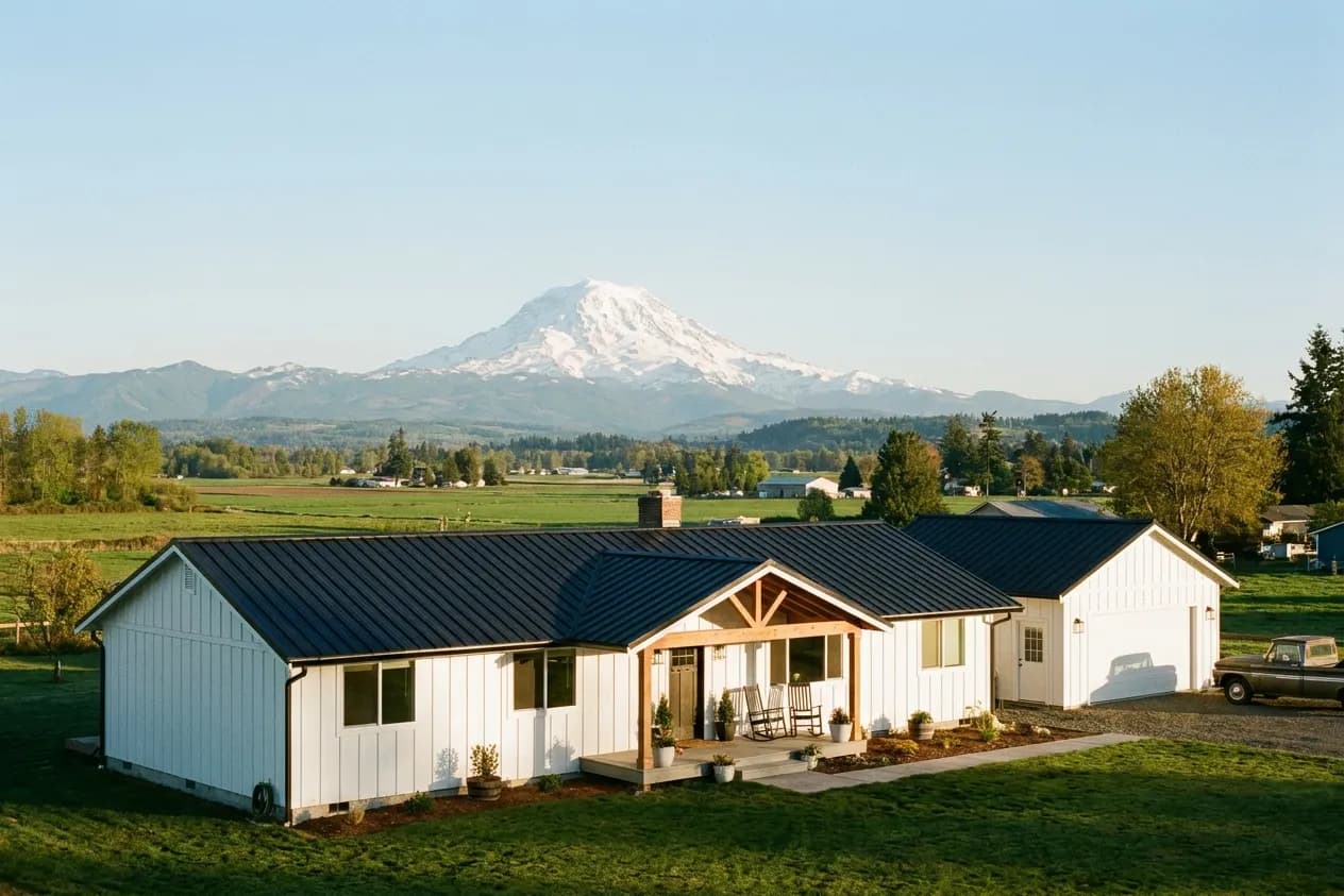 A renovated rambler with white board-and-batten siding in Puyallup, Mount Rainier on the horizon