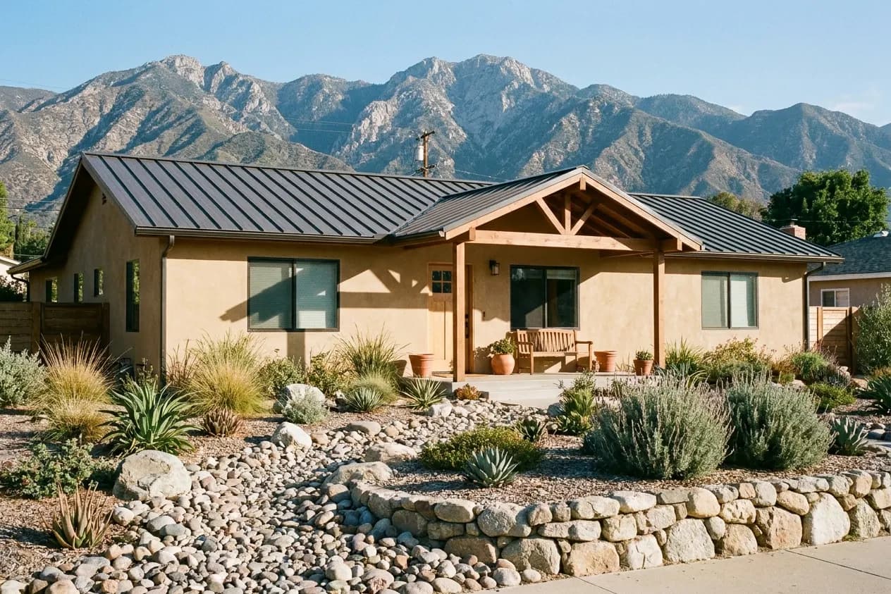 A renovated stucco house in Rancho Cucamonga with a river-rock yard below the San Gabriel Mountains